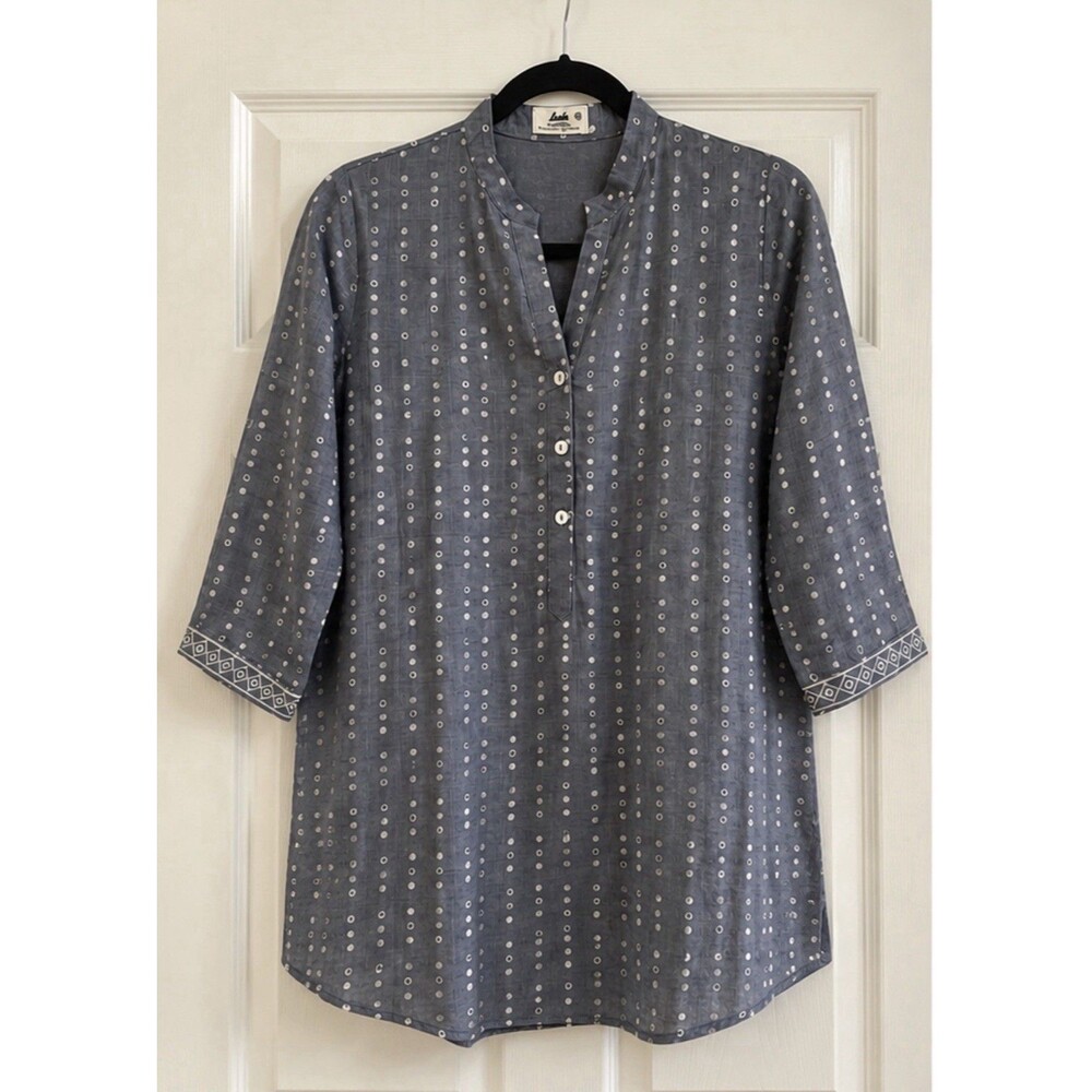 Looks by Aswani Silk Blend Ikat Tunic Kurti Top Gray Dot Pattern Lagenlook Sz M